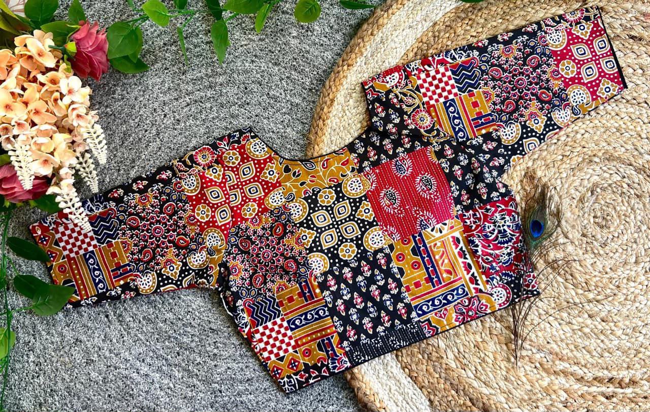 Morpankhi Ajrak Cotton Blouse-Black